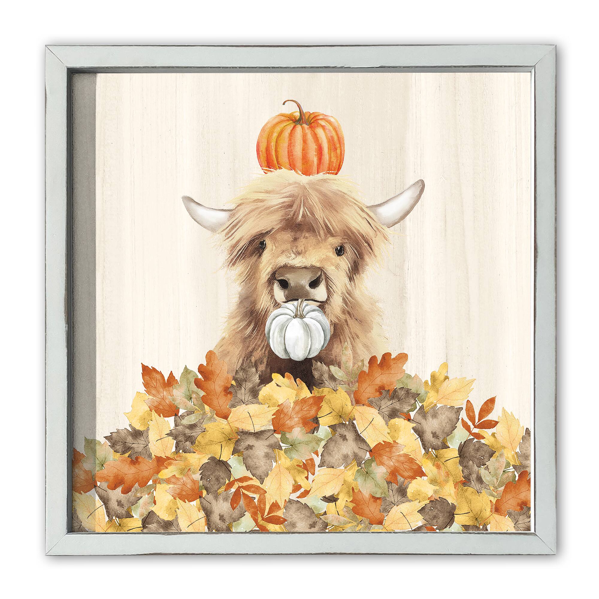 Autumn Cow Leaf Pile 16" x 16" White Framed Print